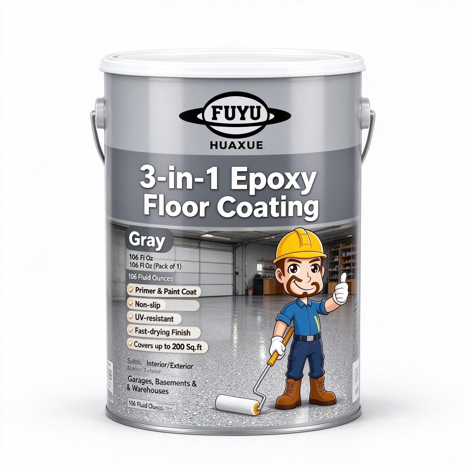 3‑in‑1 Epoxy Floor Coating, Gray, 106 oz Concrete Floor Paint